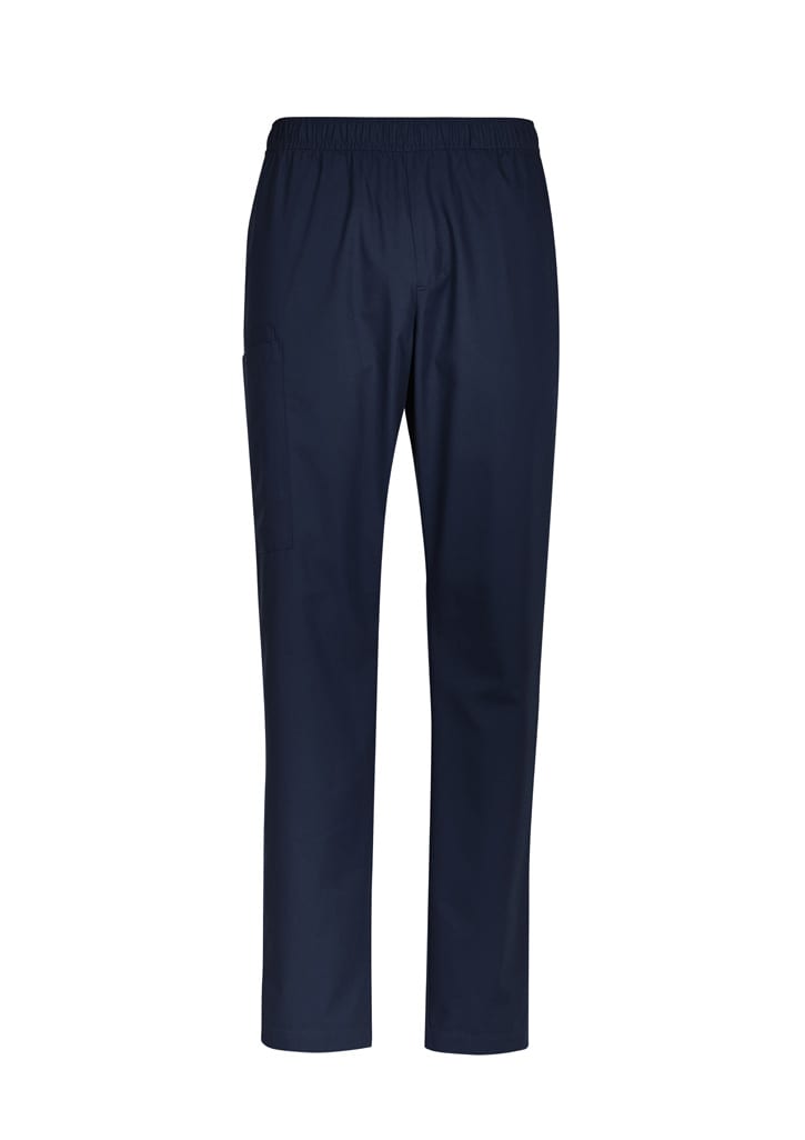 Navy scrub pants with an elastic waistband and a side pocket, featuring a logo on the design.