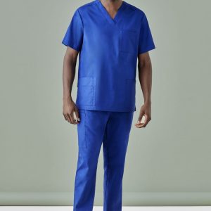 Men's scrub pants in vibrant blue, paired with a matching scrub top, featuring pockets. The model is standing against a neutral background.