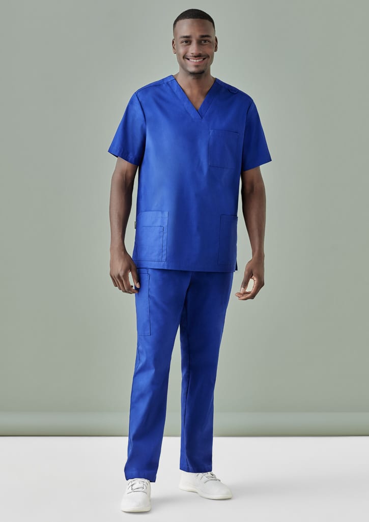 Men's scrub pants in vibrant blue, paired with a matching scrub top, featuring pockets. The model is standing against a neutral background.