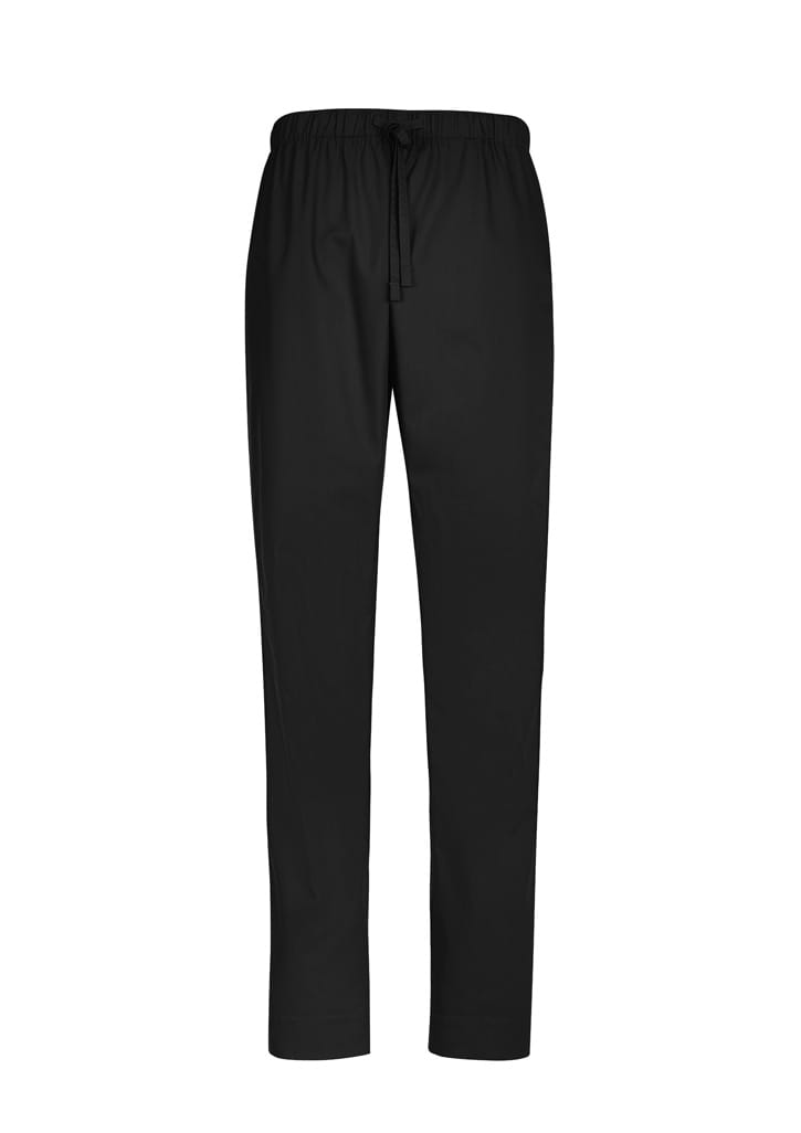 Black unisex scrub pants with a drawstring waist, featuring a logo and made from soft, flexible material.