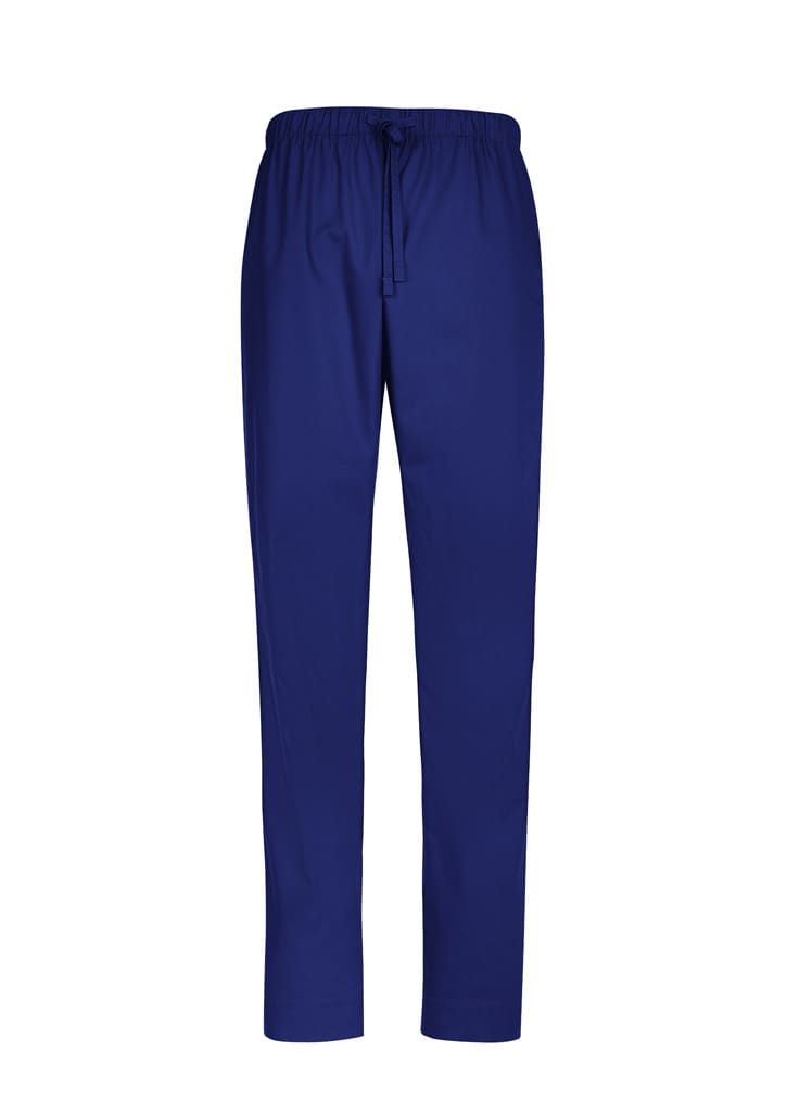 Reversible unisex scrub pants in navy blue with an elastic drawstring waist. Features a logo on the waistband.