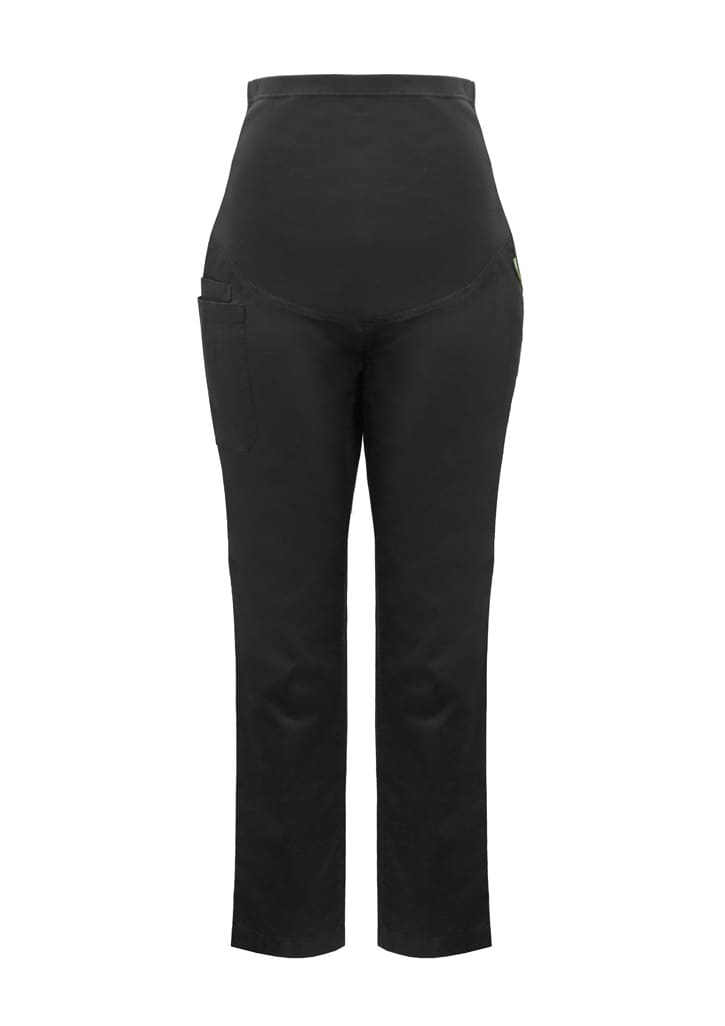 Black maternity scrub pants with a high waistband and pockets, designed for comfort and practicality.