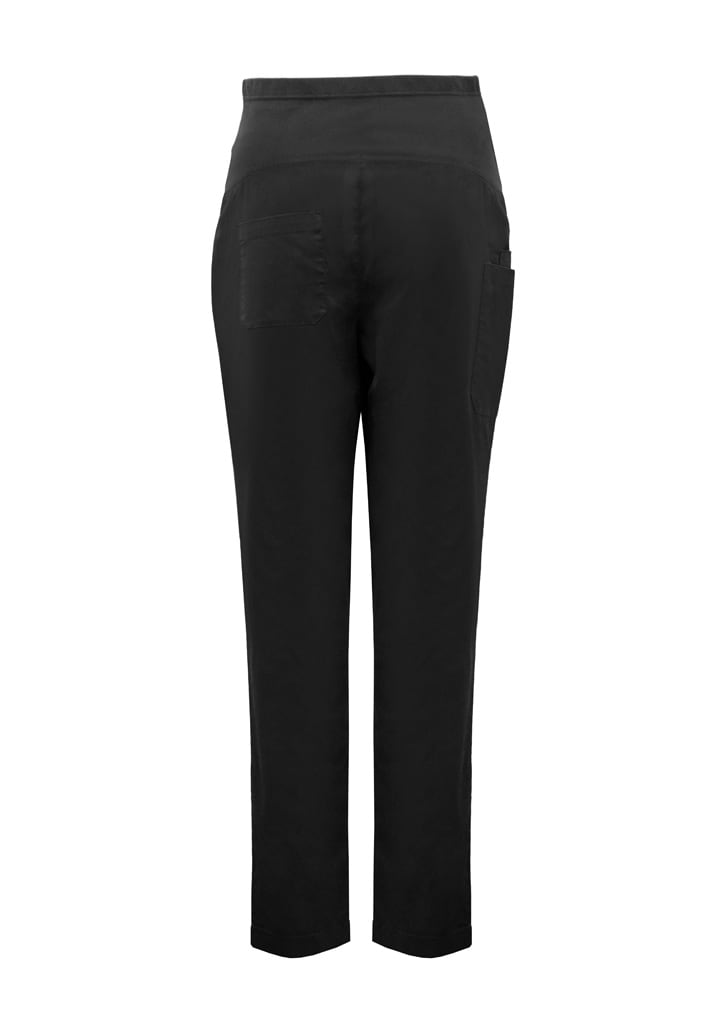 Black women's maternity scrub pant featuring a smooth waistband and side pockets at the back. Simple and functional design.