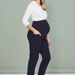 A maternity scrub pant in navy blue, designed for women, featuring side pockets and a comfortable fit.