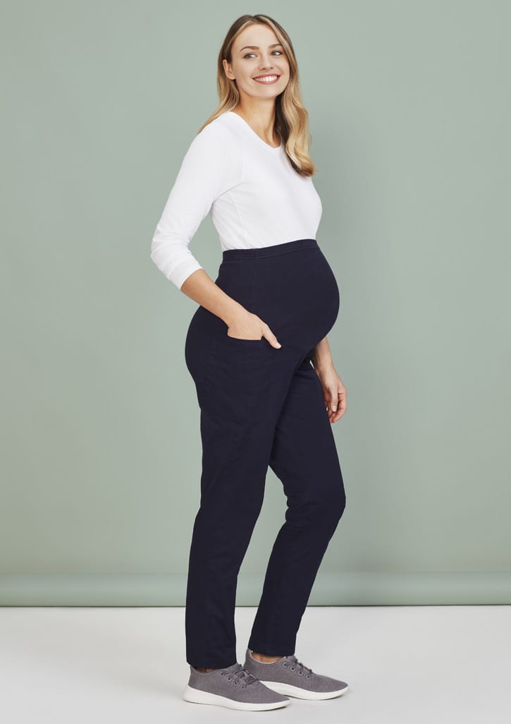 A maternity scrub pant in navy blue, designed for women, featuring side pockets and a comfortable fit.