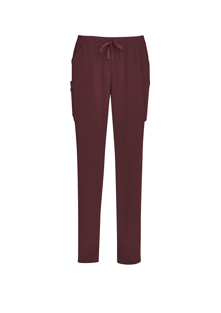 Burgundy women's slim leg scrub pants with side pockets and an adjustable waistband. Features a branding logo.