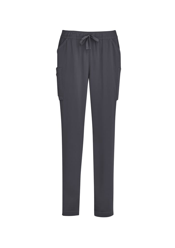 Grey slim leg scrub pants with a drawstring waist and side pockets. Features a logo on the waistband.