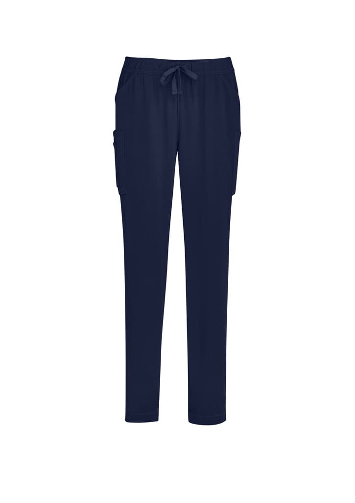 Navy women's slim leg scrub pants featuring side pockets and an elastic waistband. Includes a drawstring for adjustable fit.
