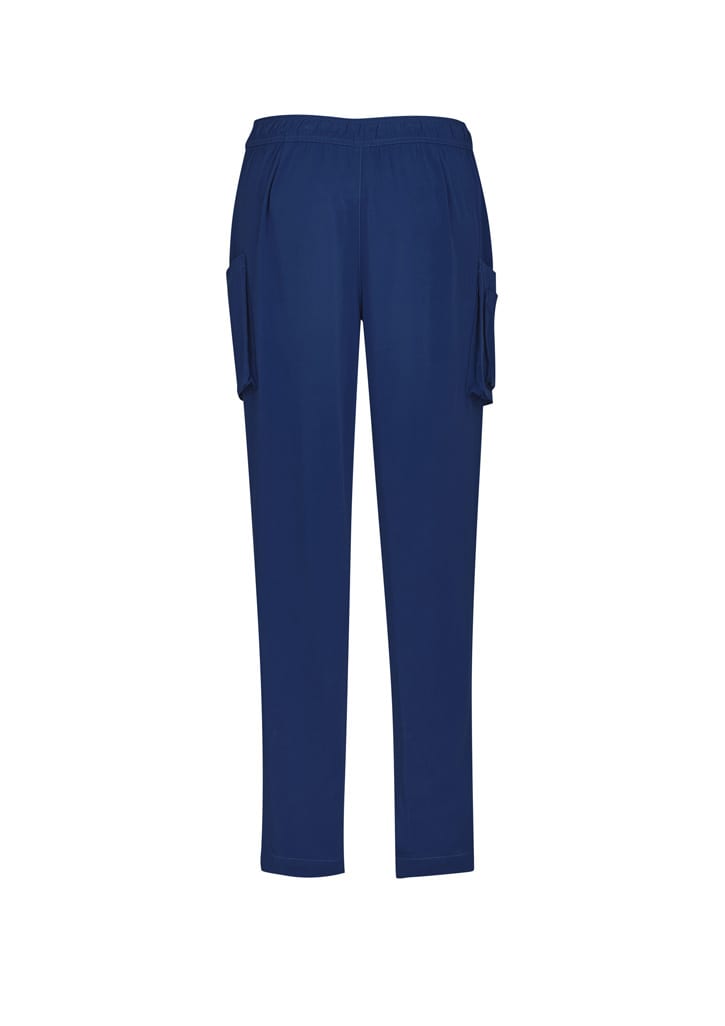 Navy blue slim leg scrub pants with side pockets and an elastic waistband, featuring a logo.