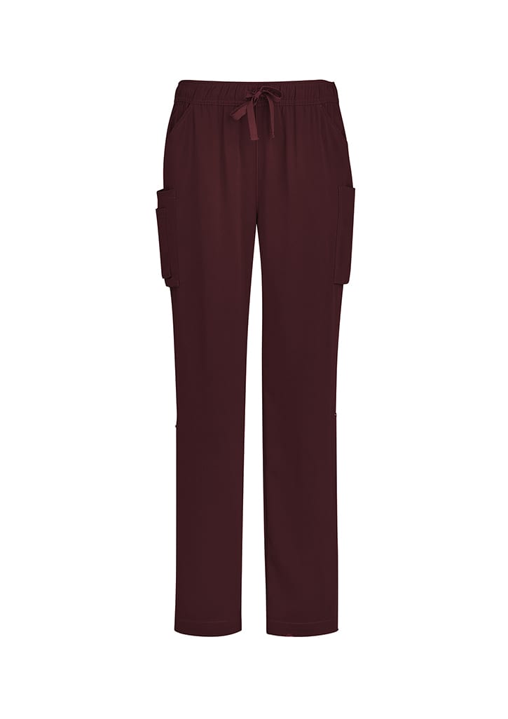 Burgundy straight leg scrub pants featuring side pockets and a drawstring waist. Includes a logo.