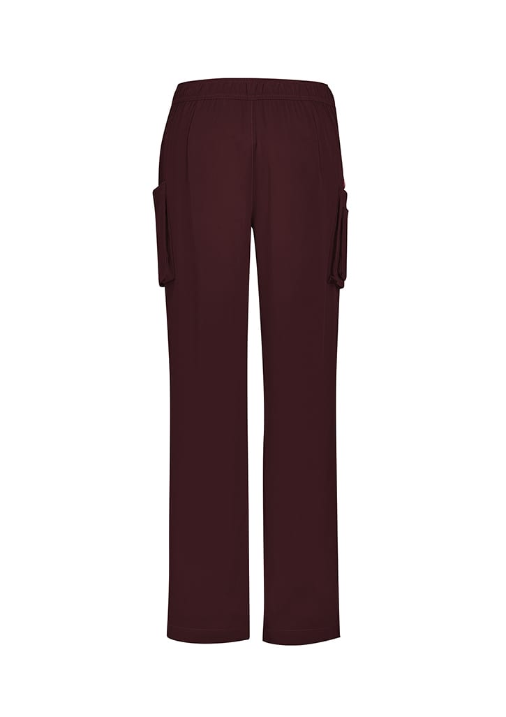 Burgundy straight leg scrub pants featuring side pockets and an elastic waistband. Includes a logo on the garment.