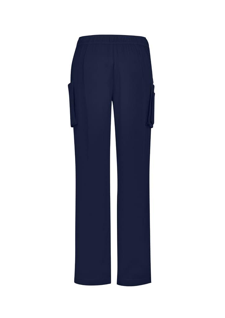 Navy women's straight leg scrub pants with two side pockets and an elastic waistband. Features a logo.