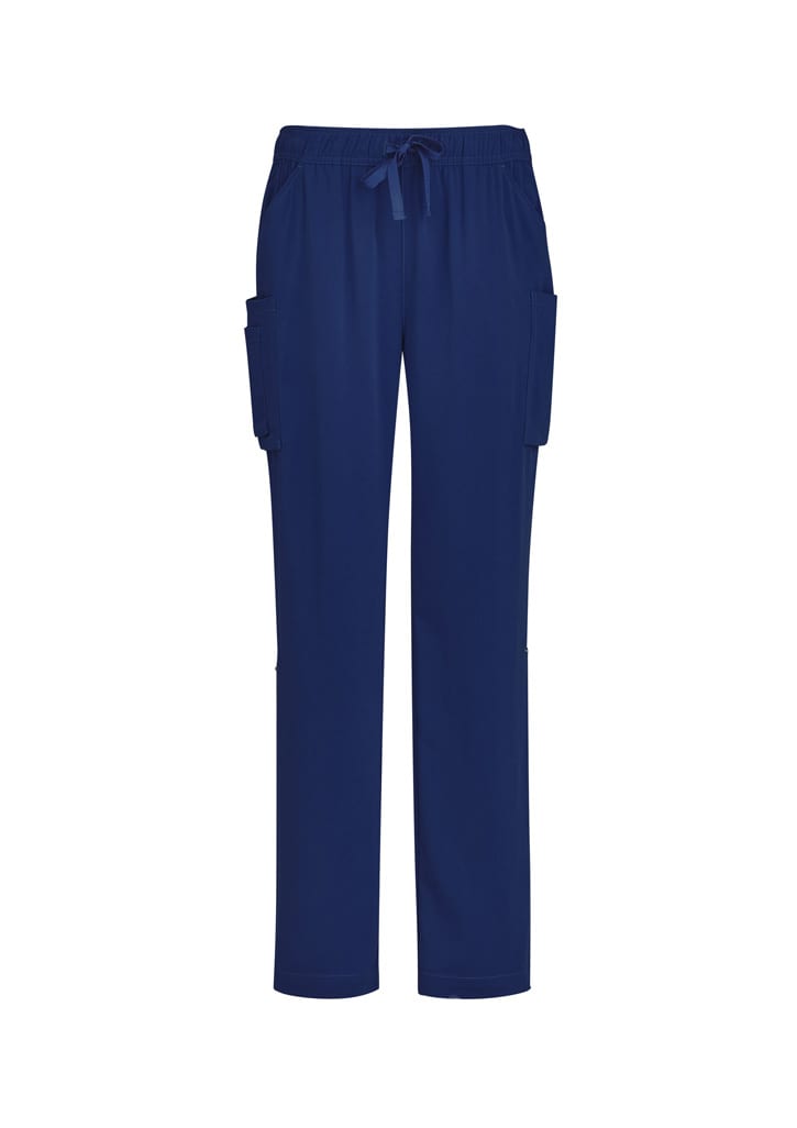 Navy straight leg scrub pants with a drawstring waist and side pockets. Features a logo on the fabric.
