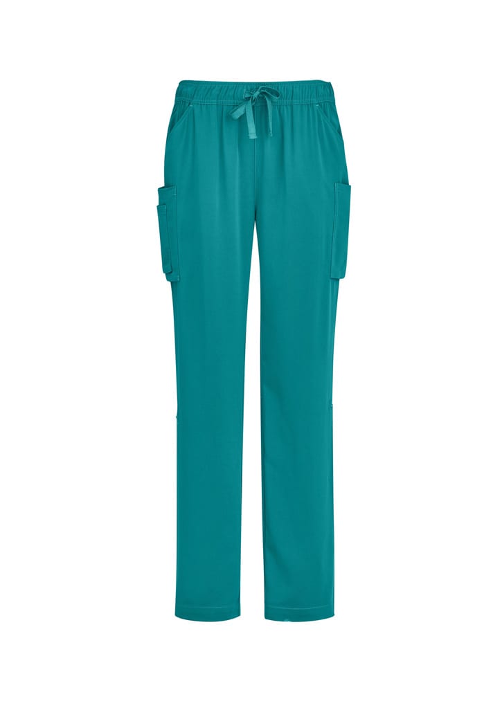 A pair of teal women's straight leg scrub pants with side pockets and a drawstring waist. Features a logo.
