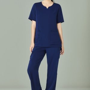 A pair of women's straight leg scrub pants in navy blue, featuring pockets, paired with a matching top.
