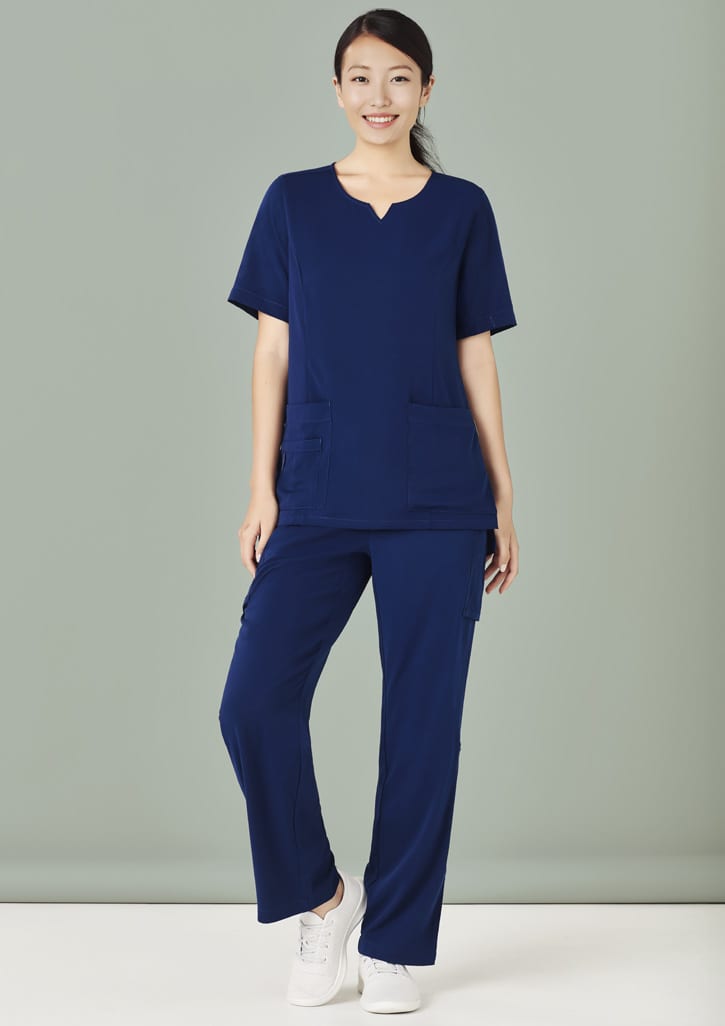 A pair of women's straight leg scrub pants in navy blue, featuring pockets, paired with a matching top.