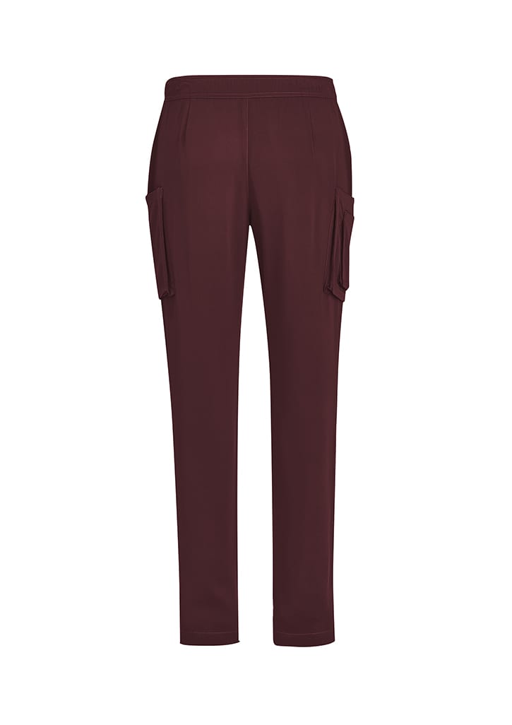 Maroon men's straight leg scrub pants featuring side pockets and an elastic waistband. The pants have a sleek, professional design.