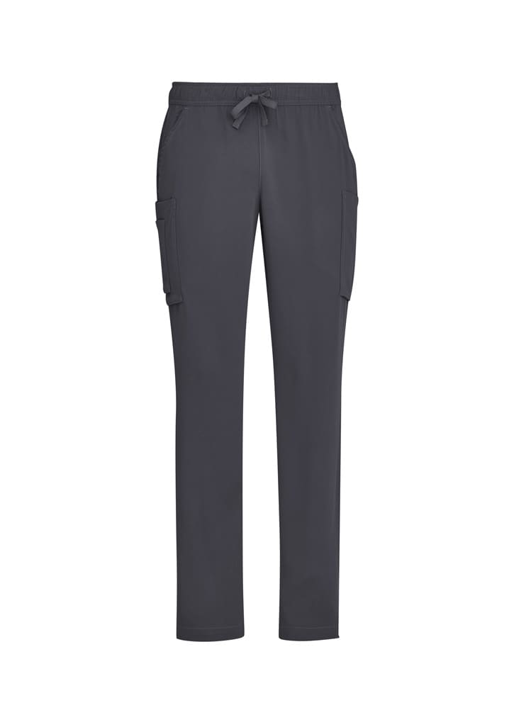 Men's straight leg scrub pants in dark grey, featuring cargo pockets and an adjustable drawstring waist.