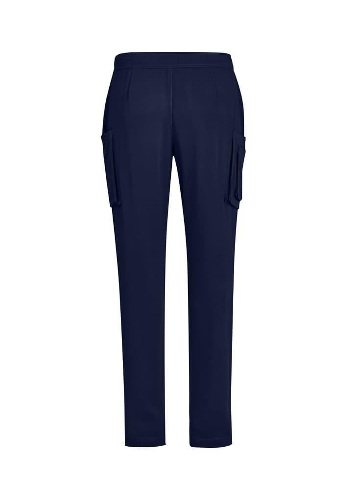 Navy blue men's straight leg scrub pants featuring cargo pockets and an elastic waistband.