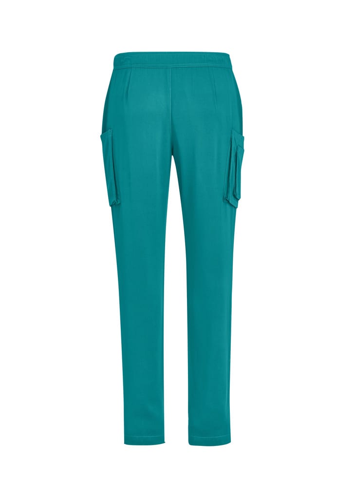 Teal straight leg scrub pants with side pockets and an elastic waistband, featuring a logo.