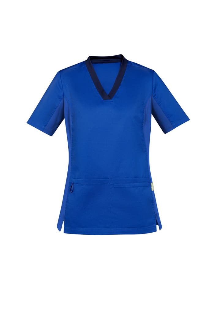 A blue women's scrub top featuring short sleeves and a V-neck design. Includes a pocket and has a logo.