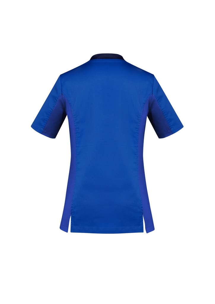 A blue and purple women's scrub top featuring a short-sleeve design and a back vent, with a logo present.