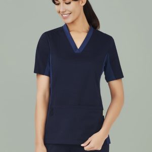 A navy women's scrub top featuring a V-neck, short sleeves, and a front pocket. The design includes contrasting detailing.