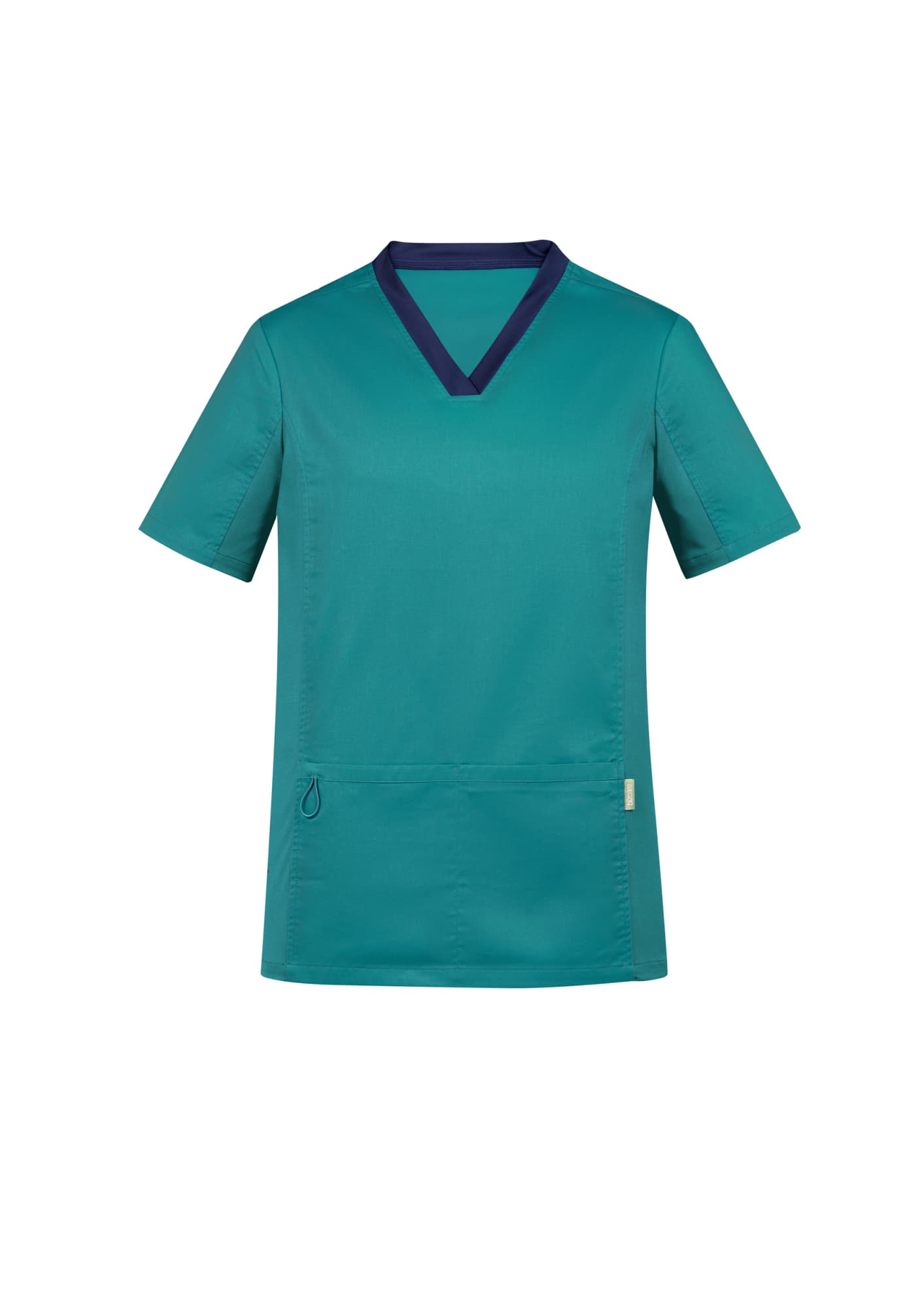 A teal scrub top with a navy collar and short sleeves, featuring a logo and a front pocket.