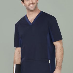 A navy blue men's scrub top with short sleeves and a V-neck, featuring a pocket and a logo.