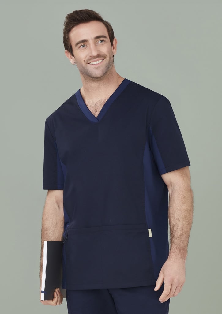 A navy blue men's scrub top with short sleeves and a V-neck, featuring a pocket and a logo.