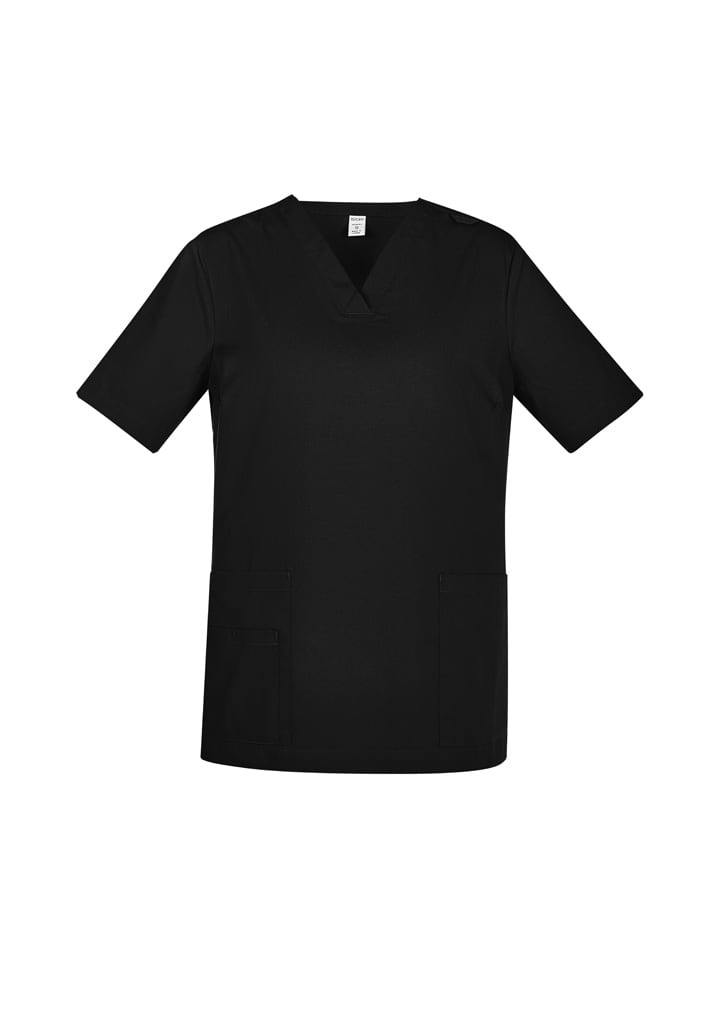 A black women's scrub top featuring short sleeves and two front pockets. Includes a logo on the fabric.