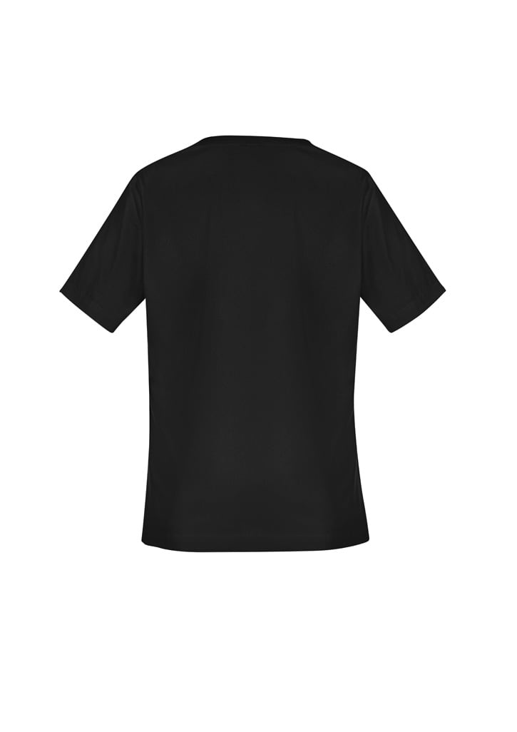 A women's scrub top in solid black, featuring short sleeves and a simple design. It includes a logo on the garment.