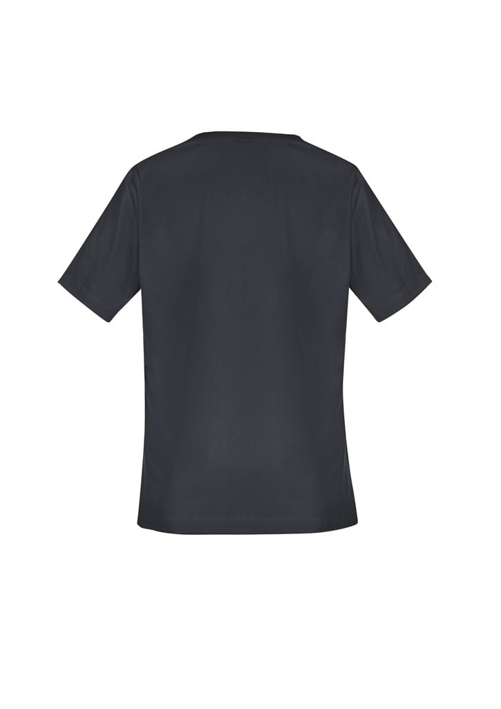 A black women's scrub top with short sleeves and a simple design, featuring a logo.