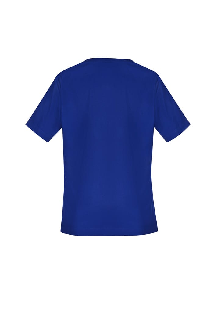 A blue women's scrub top with short sleeves and a simple design. Features a logo on the fabric.