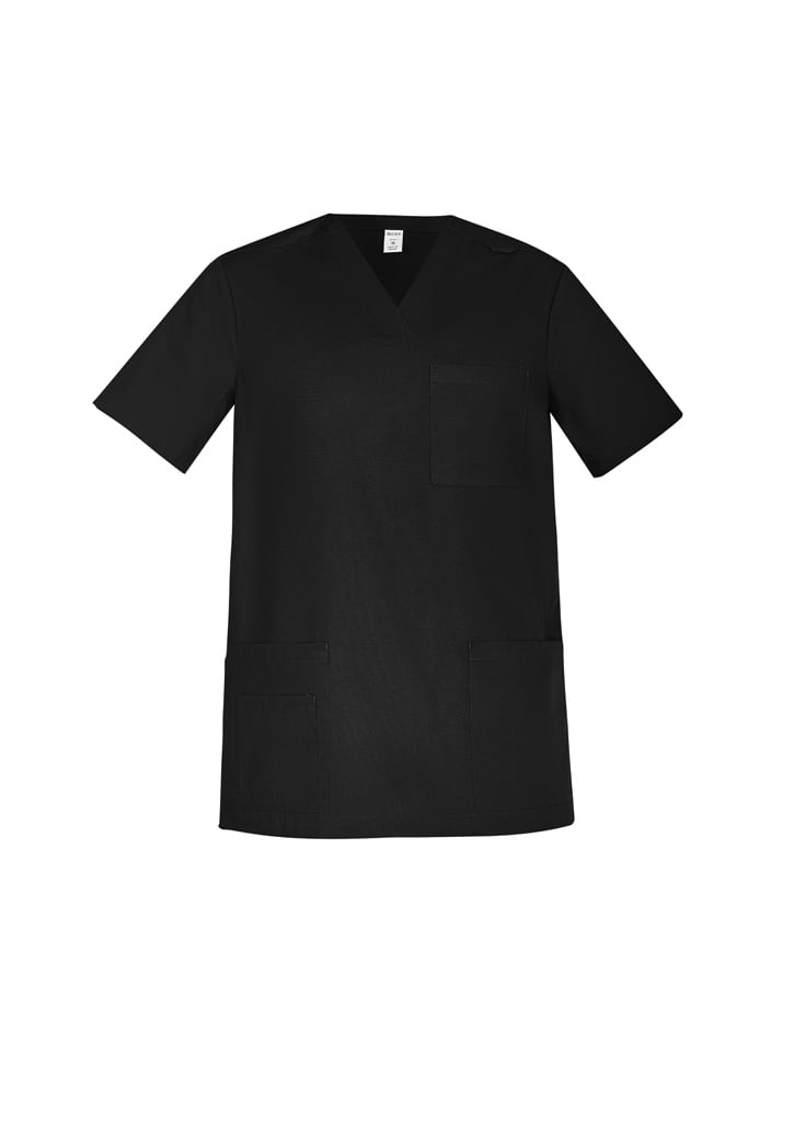 A black men's scrub top featuring a v-neck design and two front pockets. It has a logo on the upper left.