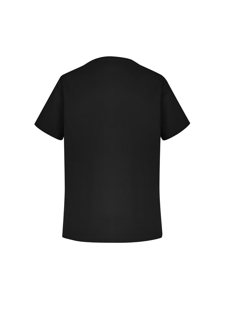 A black scrub top with short sleeves, featuring a logo on the back. Suitable for uniforms in healthcare settings.