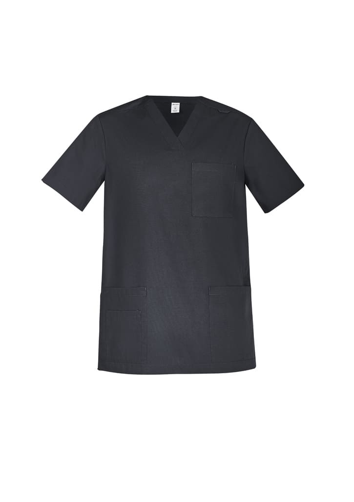 A black men's scrub top featuring short sleeves and multiple pockets. It includes a logo on the front.