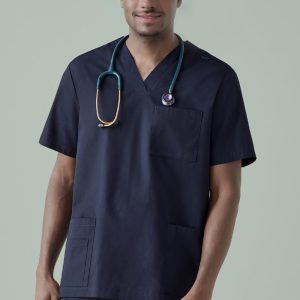 A navy blue men's scrub top with a pocket, featuring a logo and a stethoscope around the neck.