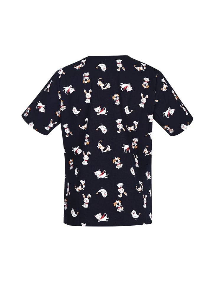 A navy scrub top with a playful printed pattern featuring various animals and characters. It includes a logo.