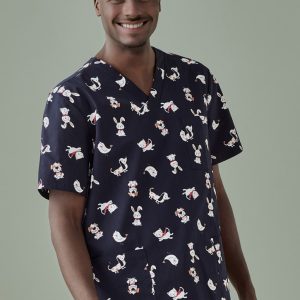 A navy scrub top featuring a playful printed design of cartoon animals, including bears and rabbits.
