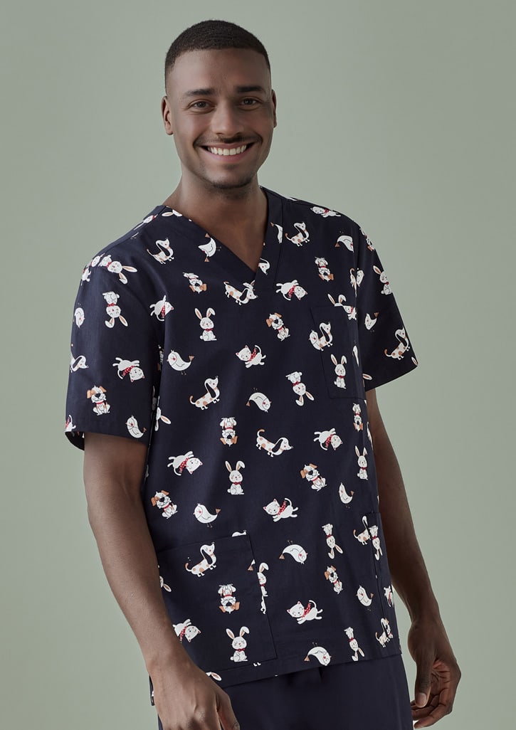 A navy scrub top featuring a playful printed design of cartoon animals, including bears and rabbits.