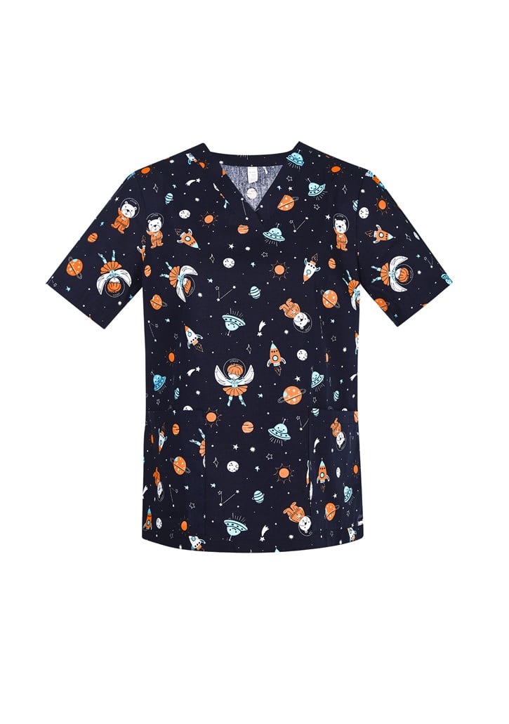 A navy scrub top featuring a space-themed print with planets, rockets, and astronauts. Includes branding.
