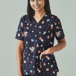 A navy scrub top featuring a playful space print with planets, astronauts, and stars. Includes a pocket and logo.