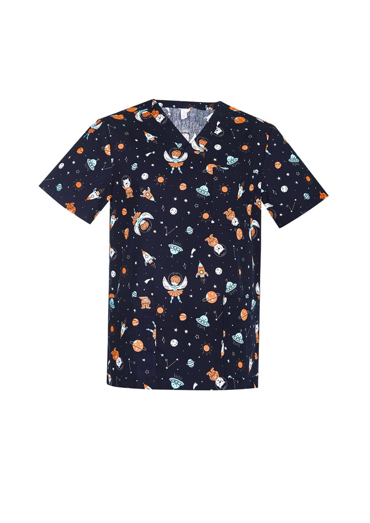 A navy scrub top featuring a fun space-themed print with planets, astronauts, and rockets. It has a logo.