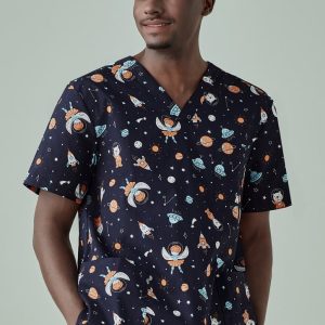 A men's scrub top featuring a navy background with colourful space-themed prints, including rockets and planets.