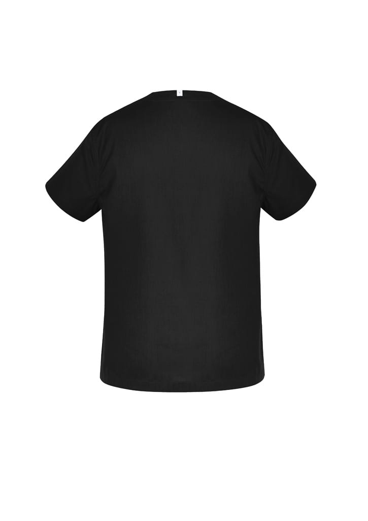 A black unisex scrub top with short sleeves and a simple neckline. The back is plain without any visible design.