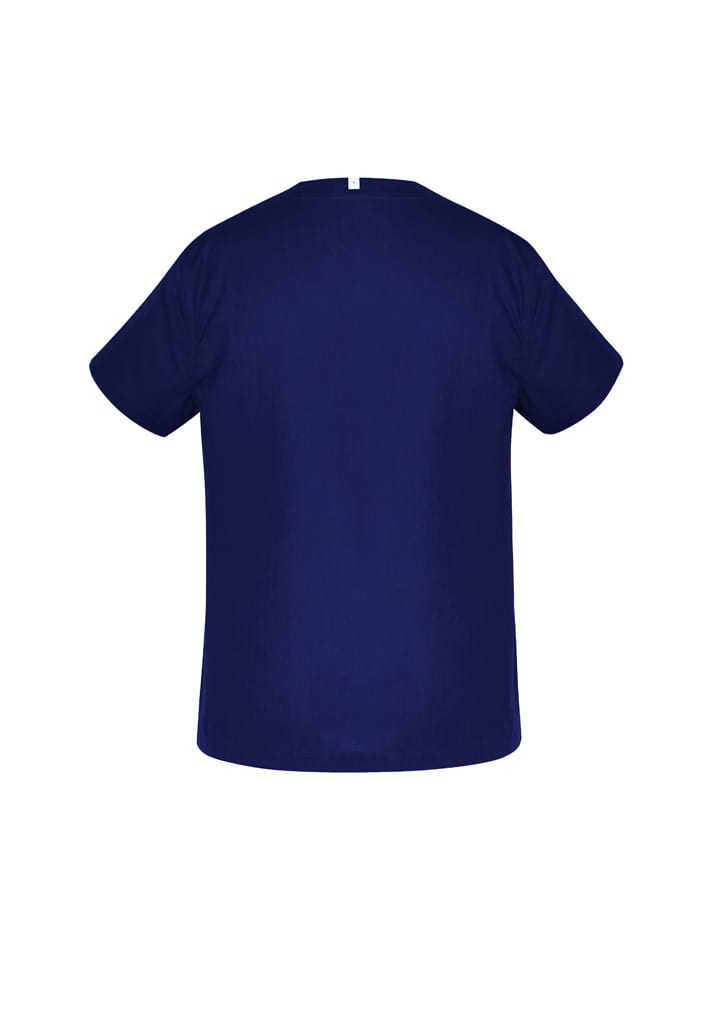 A navy blue unisex scrub top, featuring a simple design with short sleeves and a straight neckline. It has a logo.