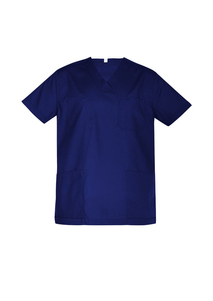 A unisex reversible scrub top in navy blue with multiple pockets and a logo.