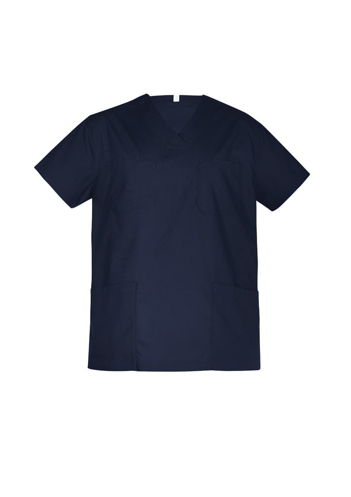A navy unisex scrub top with a v-neck, short sleeves, and a chest pocket, featuring two front pockets.