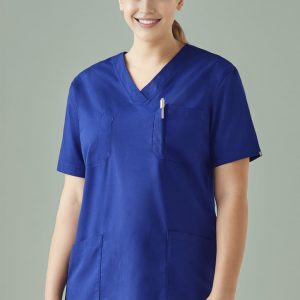 A unisex reversible scrub top in a vibrant royal blue, featuring two front pockets and a pen pocket.